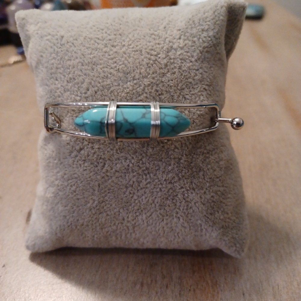 Light Blue Turquoise Hexagon Adjustable Wire Bangle Bracelet
